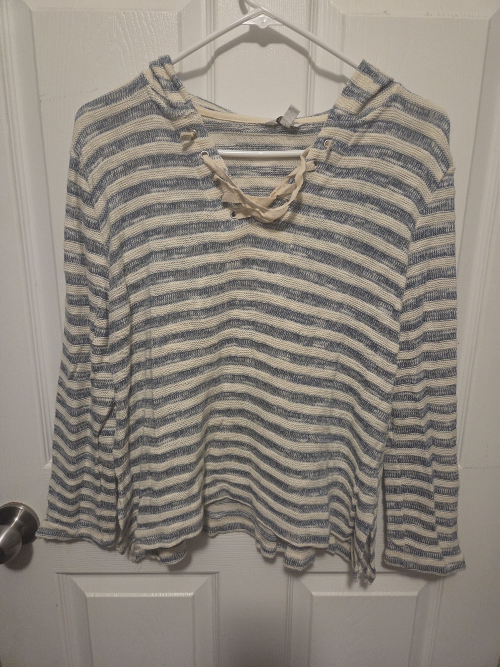 Sonoma Blue and Cream Lace-Up Hooded Striped Knit Top